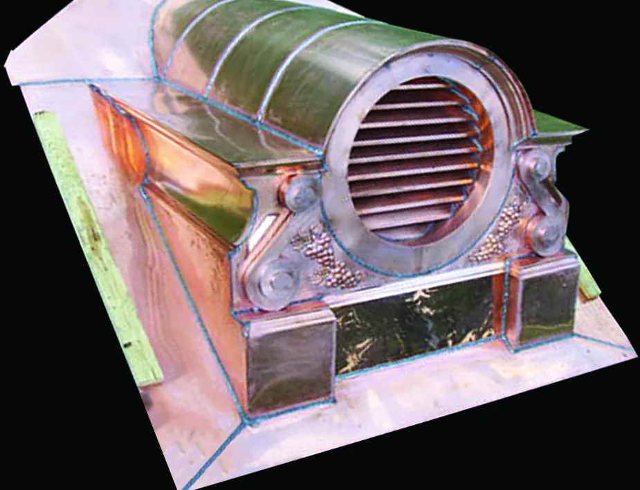 Copper roof dormer with a round louvered vent, scroll brackets and a curved standing-seam top