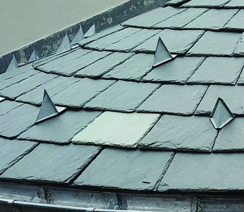 Pyramid-shaped metal snow guards set into a curved slate roof above the gutter