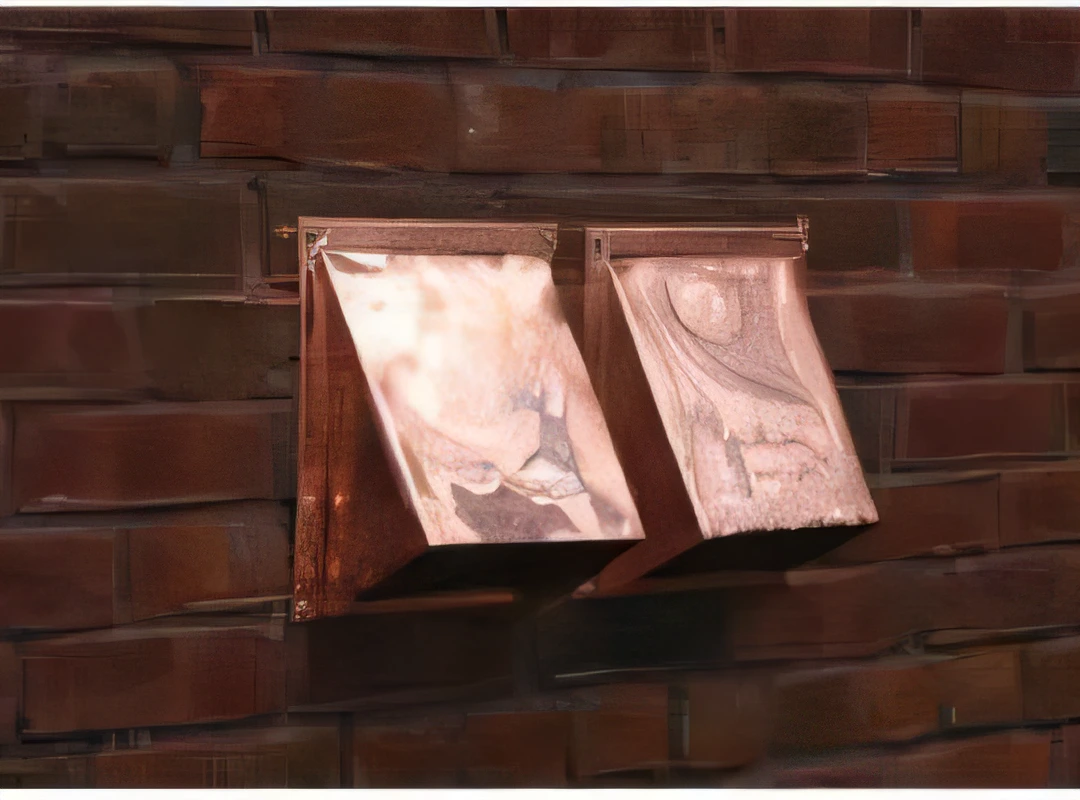 Two copper vent hoods mounted on a brick wall